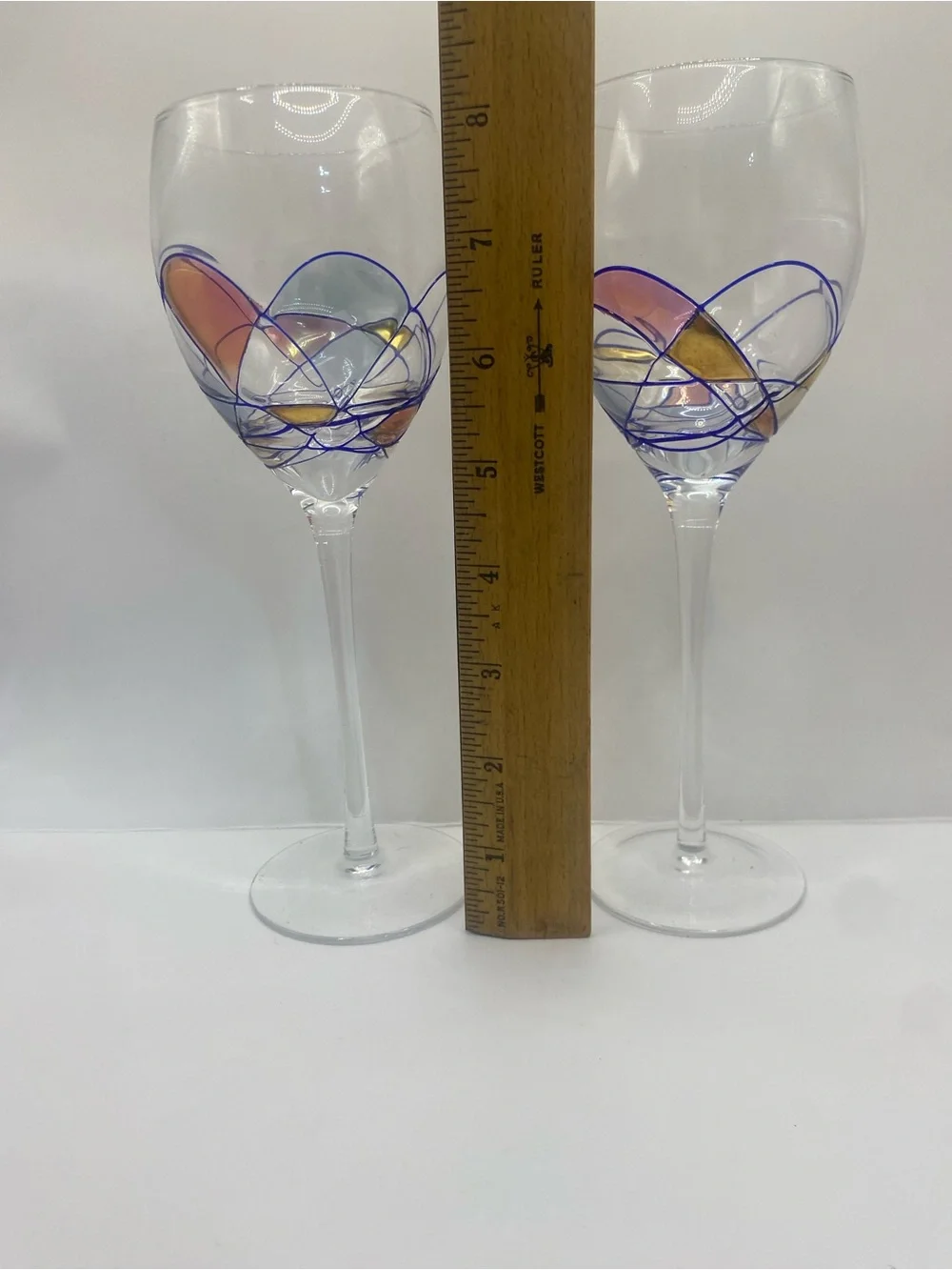 Set of 2 Vintage Mosaic Abstract Stained Glass Design Hand-Blown Wine Glasses